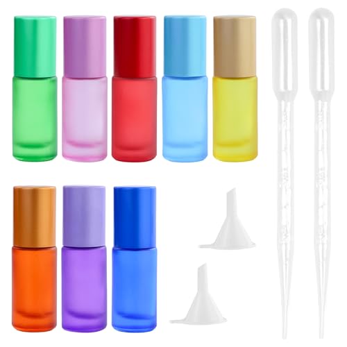 SAMANTHAHALLLTD 8 botellas de cristal roll-on de 5 ml, multicolor rollon on botellas de cristal con rodillo de cristal, con 2 goteros, 2 embudos, para tóner, aceites esenciales, perfume