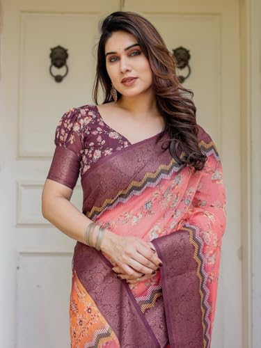 Image of ALMAARI FASHION Floral Printed Cotton Saree for Women with Handloom Zari Weave, Traditional Lightweight Ethnic Saree for Wedding Festive Office Party with Blouse Piece (LINEN 81-90 SH)