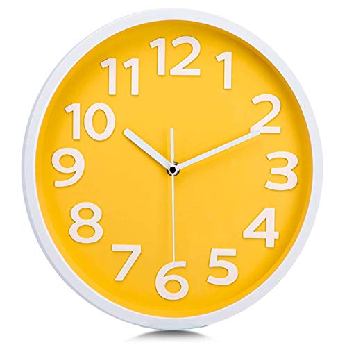 Reloj de Pared Moderno de 12 Pulgadas, silencioso, sin tictac, con Pilas, números 3D, Relojes con Esfera de Color Brillante para decoración del hogar/Oficina (Amarillo),Amarillo Cover