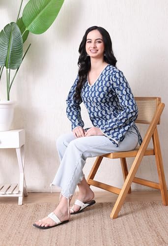Image of MEERA FAB Women's Floral Printed Cotton Short Top | Sanganeri Printed Top Full Sleeves | Short Kurti for Women