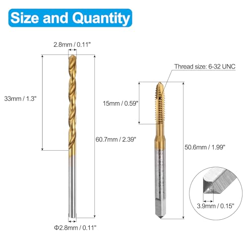 QUARKZMAN Gewindebohrer und BohrerSet, 6-32 UNC Spiral Point Gewindeschraube Gewindebohrer & 2,8 mm Spiralbohrer, Titanbeschichtetes HSS 6542 Gewindeschneidwerkzeug Set