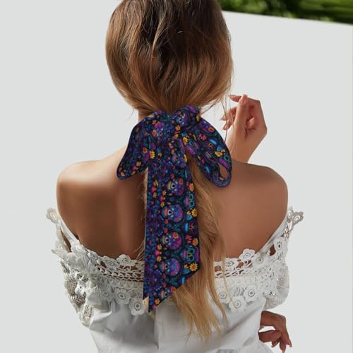 Sugar Skull Day of The Dead Flowers Women's Head Scarf Thin Long Neck Scarves Fashion Hairband Waistband Purse Scarf4