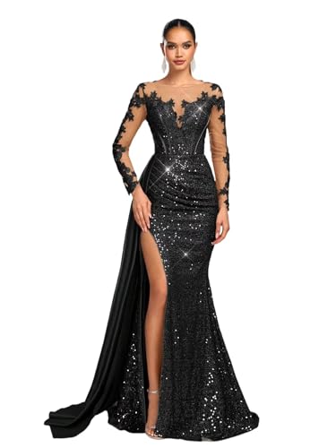 PHILIZLE Women's Black Sequin Lace Long Sleeve Mermaid Evening Gown with High Slit and Train