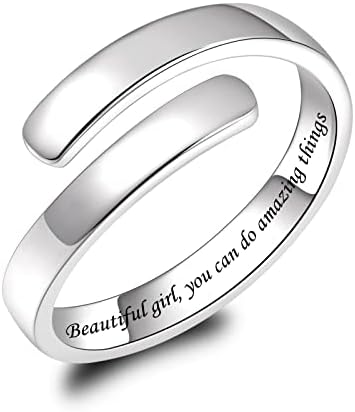 BEILIN 925 Sterling Silver Inspirational Jewelry Rings Adjustable Ring Personality Encouragement Gift for Teens Girls Women (Beautiful girl, you can do amazing things)