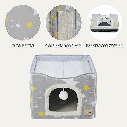 Jiupety-Cat-Bed-for-2-CatsCat-Houses-for-Indoor-Cats-with-Scratch-Pad-and-Cat-Ball-Toy-Large-Cat-Cave-Cube-for-HideawayFoldable-Cat-CondoKitten-BedCute-Cat-Beds17inGrey