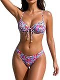 Favnac Sexy Bikini Set Two Piece Push Up Bathing Suit Adjustable Straps Floral Swimwear for Women Blue X-Large