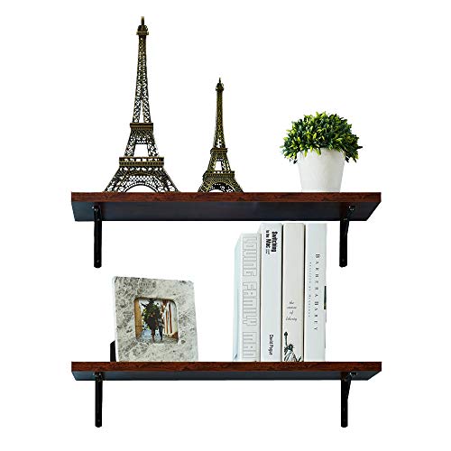 AUXLEY Wood Wall Mounted Floating Shelves Rustic Storage Bookshelf Mount Shelves Set for Bathroom, Kitchen, Bedroom, Living Room & Office | L23.6 x W7.9 ● 2 Wood Metal Brackets (Walnut Brown)