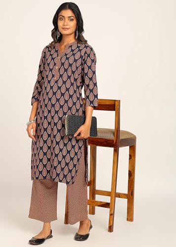 Image of BLOCKS OF INDIA Women's Solid Straight Kurta Set | Hand-Stitched Neck Details with Pintucks | Comfortable Pants with Pockets, Elastic Waist & Drawstring Fit