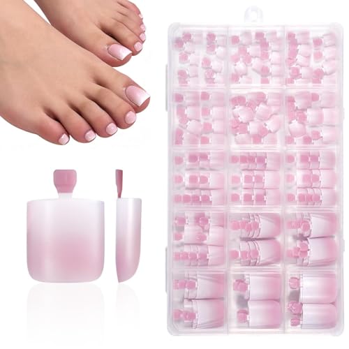 150Pcs Ombre Press On Toenails Square Medium Fake Toenails Matte Pink Press on Toe Nails for Woman Summer Nail Kits -15 Sizes