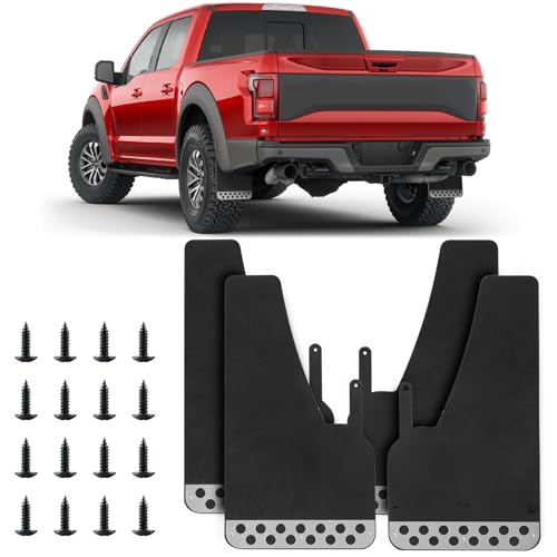 Image of 4PCS Black Universal EVA Soft Rubber Mud Flaps Mudguards with Stainless Steel Reflector with Round Holes for Pickup SUV with Hardware Front and Rear