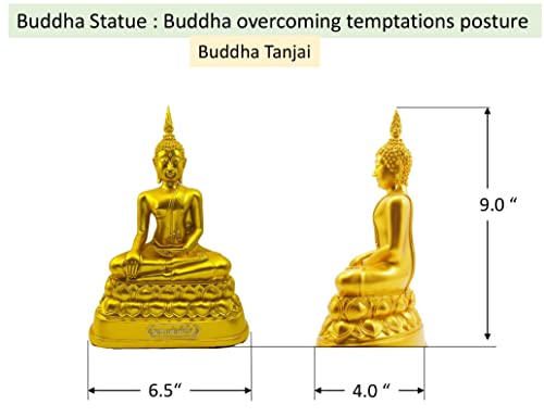 Buddho Buddha Overcoming Temptations 9" H. Gold Thai Buddha Statue For Home Decor Living Room Decor Small Gift Office Gift Sculpture Figurines Zen Altar #TOP7