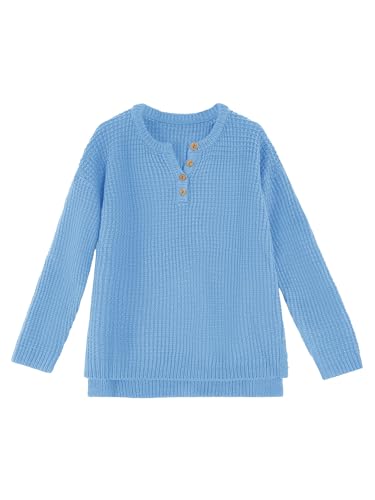 Image of Girls Waffle Knit Sweaters Trendy Henley Button V Neck Long Sleeve Pullover Jumper Tops Blue