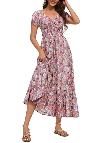 Image of Summer Smocked Boho Maxi Dress for Women 2026 Short Sleeve Floral Smocked Flowy Ruffled Beach Vacation Dresses Lightweight
