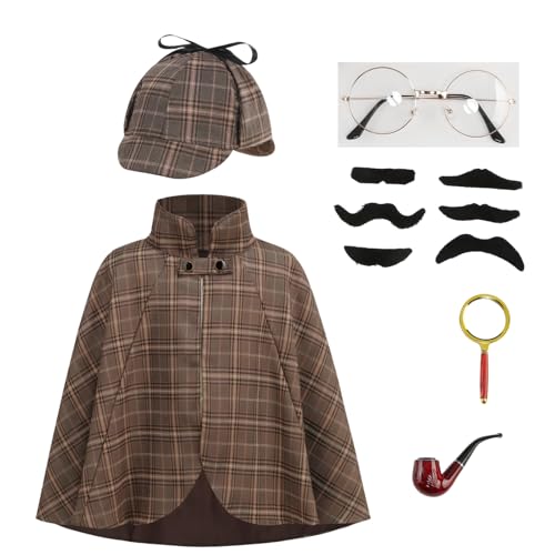 DELIVESS Sherlock Holmes Detektiv für Kinder für Jungen und Mädchen, Inspektor-Kostüm, Zubehör-Set, 6-teilig, Halloween-Party-Outfit (40 cm, braun)