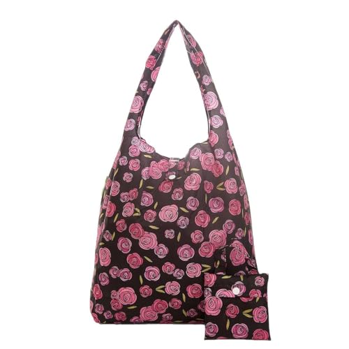 ECO CHIC Lightweight Foldable Reusable Shopping Bag Water Resistant Tote Bag (Mackintosh Rose Black)