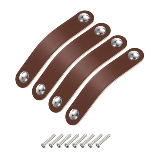 uxcell 4 Packs Leather Drawer Pulls, Double Hole Leather Drawer Knobs Furniture Dresser Handles Pulls with Screws for Dressers Drawers Closet Cupboard, Brown/Silver(Hole Spacing:96mm)