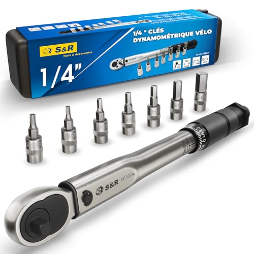 S&R Clé Dynamométrique 1/4 Vélo Moto (5-25Nm) 27.2 cm. Coffret Clé avec 7 Douilles Allen Torx : H10, H8, H6, H5, H4, H3, T25 en Acier C-V. Set Professionnel et Complet