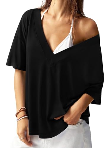REORIA Womens Trendy Oversized V-Neck T Shirt Short Sleeve Off The Shoulder Contrast Stitching Loose Fit Tops for 2026 Spring Summer Black XX-Large