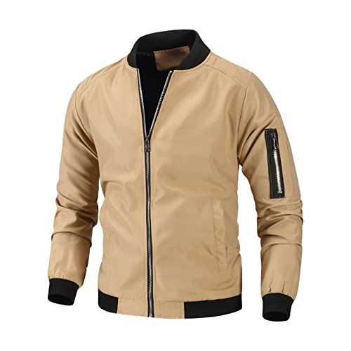 Maiyifu-GJ Men's Lightweight Flight Bomber Jacket Slim Windproof Full Zip Military Coat Outdoor Spring Breathable Windbreaker (Khaki,X-Large)