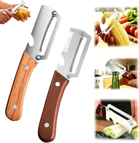 5 en 1 Éplucheur de légumes multifonction pour la cuisine avec lame en acier inoxydable ultra-aiguisée et manche en bois ergonomique, Décapsuleur, Écailleur à Poisson et Coupe-Oignon (2PCS-MIX)