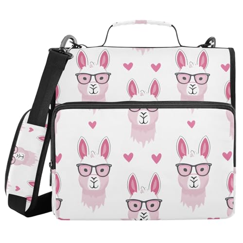 Image of Funny Llamas Pink Glasses Zipper Binder Bag 3 Ring Binder with Shoulder Strap Zip Up 500 Sheets Capacity Multi Pockets for School Office Supplies
