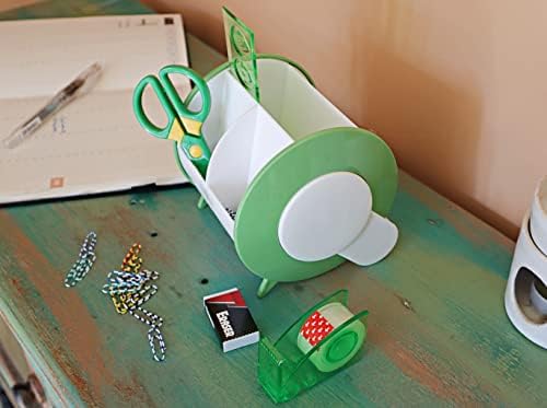 Exerz Desk Organiser with Stationery Set, 90 Degree Rotary Stationery Organiser / Pen Holder / Desk Tidy, Medium Size - Safety Scissors (NOT Sharp), Rulers, Tape Dispenser, Eraser, Clips INCLUDED (EX8986 Green)