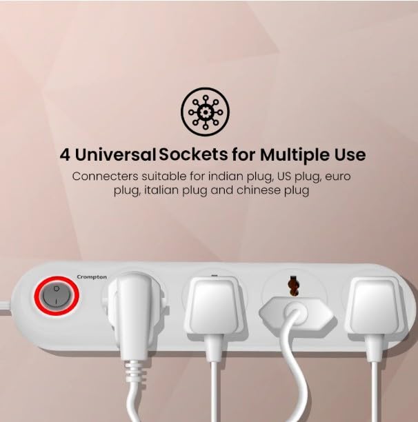 Image of Crompton Powerbox Alpha LITE Extension Board 6A with 4 Universal Sockets | 2 Meter Cord | 1500W Power Capacity | Multi Plug Power Hub for Home & Office | White | Pack of 1