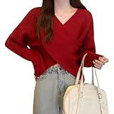Pull Court en Tricot Tendance à épaules dénudées pour Femme, Manches Longues, col en V, Cache cœur, Rouge, Taille L
