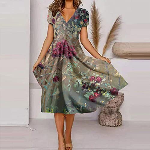Spring Evening Dresses For Ladies Gown Casual Short Sleeve Midi Scoop Neck Evening Dresses Light Comfort Print Cotton Pleated Evening Dresses For Ladies Bronze #TOP1