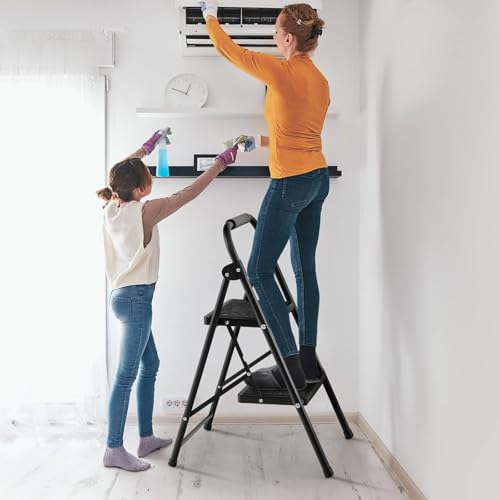 FANTASK Trittleiter 2 Stufen Stehleiter, Klappleiter bis 150kg, Klapptritt Klappbar, Leiter mit Rutschfester Handlauf & Plattform, Metall Haushaltsleiter, für Zuhause Büro Garage, Schwarz