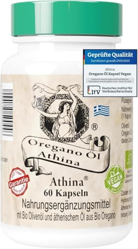 Preisvergleich Produktbild Athina® Oregano Öl Vegan Bio 1 x 60 Kapseln I 100 mg Athina® Wildes Berg Oregano Öl I Origanum vulgare hirtum aus Griechenland I 80% Carvacrol I Reine & natürliche Zutaten