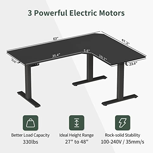Fezibo Triple Motor L-Shaped Electric Standing Desk, 63 Inches Height Adjustable Stand Up Corner Desk, Sit Stand Workstation With Splice Board, Black Frame/Black Top #TOP3