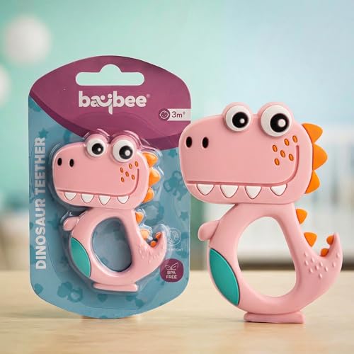 Image of Baybee Silicone Baby Teether for Teething Gums, Manhattan Teething Rattle Toy with Loops Ring, 100% Food Grade Silicone & BPA Free Teether Toy for Babies, Chew Teether for 6 to 12 Months (Dinosaur Pink)