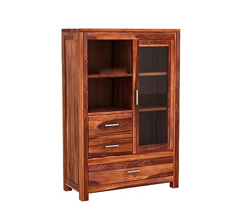 Image of Sheesham Wood Book Shelf with Acrylic Glass Door | Wooden Sideboard Crockery Cabinet with 3 Drawers & 2 Shelf Storage | Kitchen Display Unit | Bookshelf for Home Library | Honey