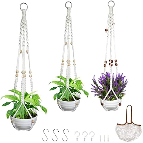 Macrame Plant Hanger, AISIR 3 Pack Hanging Plant Pots Indoor Outdoor with 6 Hanging Hooks, Mesh Shopping Bag Free Cover