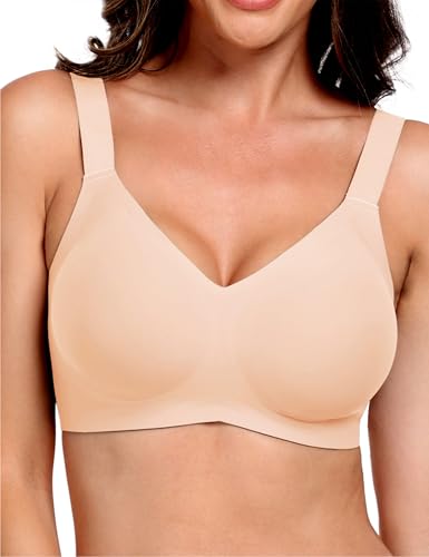 Bras for Women No Underwire Push Up Bra Wireless Seamless Full Coverage Bralettes Supportive T Shirt Bras, Nude, L