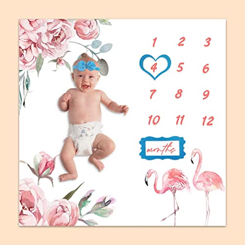 Image of Baby Monthly Milestone Blanket, Pink Flamingo Floral Growth Chart Blanket for Baby Pictures, 47 inchx47 inch New Born Photography Backdrop 1 to 12 Months Include 4 Frames, 1 Headband, BTXTPH74