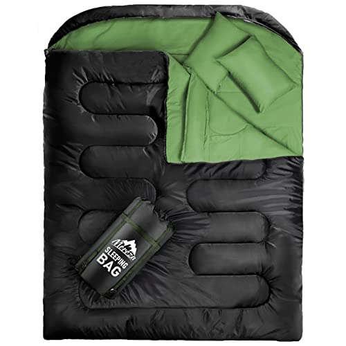 MEREZA Double Sleeping Bag with Draft Tube, 2 Person Sleeping Bags for Adults for Camping, Queen Size Two Person Sleeping Bags for Cold Weather, Cozy & Warm Sleeping Bag Double with Pillow Green