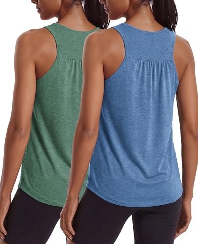 PINSPARK Womens Tank Tops Sleeveless Athletic Running Shirts Moisture Wicking Racer Back Workout Tank Flowy Tennis Pickleball Shirt for Summer,Denim Blue/Dark Green L