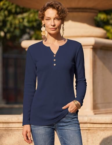Zeagoo Womens Tops Long Sleeve Womens Shirts Fall V Neck Blouses 2026 Waffle Knit Tunics Tops for Women L Dark Blue — view 5