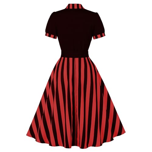 Image of ODIZLI Women's 1950s Retro Dress Short Sleeve Notched Lapel Polka Dot Stripe Swing Dress with Belt Cocktail Dress