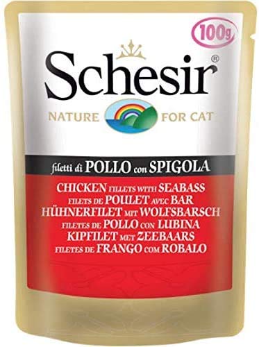 SCHESIR CAT WET FOOD POUCH CHICKEN/SEABASS 100GM x 3
