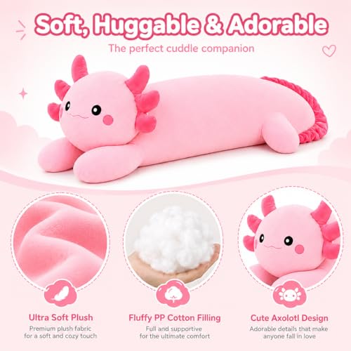 Image of Large 32 inch Axolotl Stuffed Anima Soft Pillow Big Plush Toy, Pink Axolotl Stuffy Plushie Gift for Kids Boy Girl Birthday