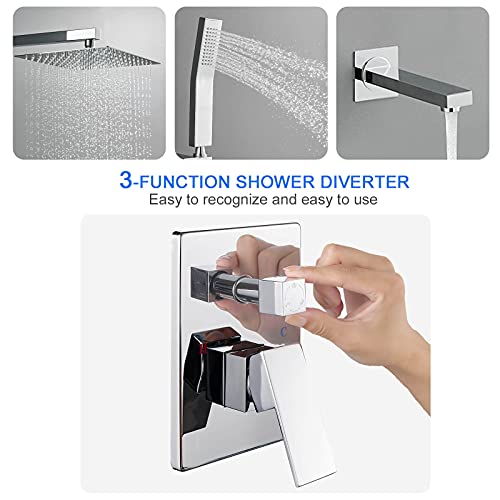 Rovogo Bathtub Shower Faucet Set Complete All Metal, Shower System With Tub Spout, 10-In. Rain Shower Square And Handheld, Chrome (Valve And Trim Kit Included) #TOP3
