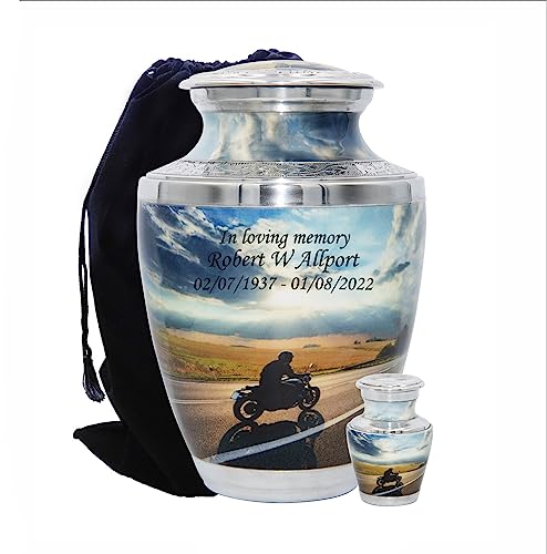 Motorcycle Lover's Cremation Urn with Velvet Bags and Custom Engraving, Motorcyclist Funeral Urn (Large)
