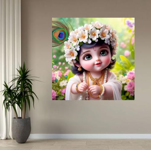 Image of Akki Wold Baby White Krishna In Pink Flower Garden wall poster For Living Room, Office, Pooja Room (Size - 41CM X 41CM)