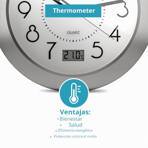 Miniatura 6 de Reloj De Baño De Cuarzo Con Pantalla Digital, Marco De Aluminio, Ventosas, Esfera Blanca, Modelo 41964, Preciso Y Funcional, Color Blanco