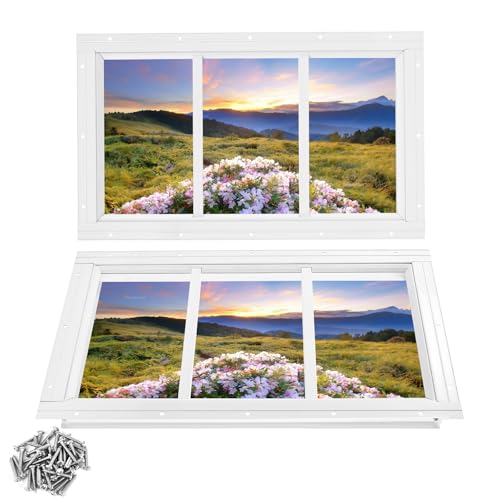Ktondic Shed Window 2 Pack Transom Window Fixed Design,Flush Mount Household Windows with Tempered Glass and Srews for Shed,Chicken Coop,Barns,Playhouse and Garage White 10X18Inch