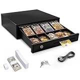 Kassenschublade abschließbar mit 4 Fächern für Banknoten 5 für Münzen, 37×34×8cm robuste Geldkassette aus Metall, Registrierkasse mit RJ11, 2 Schlüsseln 3 Verriegelungsmethoden, inkl. 100 Geldbänder