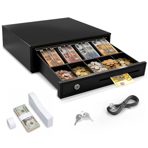 Kassenschublade abschließbar mit 4 Fächern für Banknoten 5 für Münzen, 37×34×8cm robuste Geldkassette aus Metall, Registrierkasse mit RJ11, 2 Schlüsseln 3 Verriegelungsmethoden, inkl. 100 Geldbänder